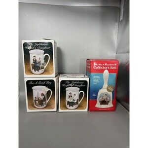 Vintage Norman Rockwell Porcelain Mugs & Bell Set Japan 1980s Lighthouse Santa